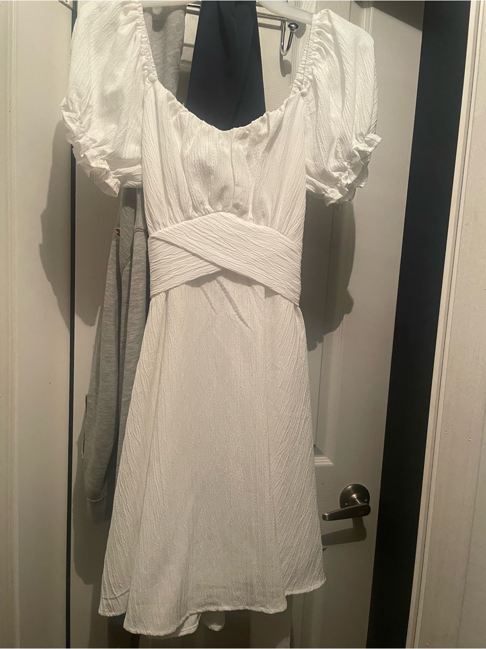 White Puff-Sleeve Mini Dress with Crisscross Waist